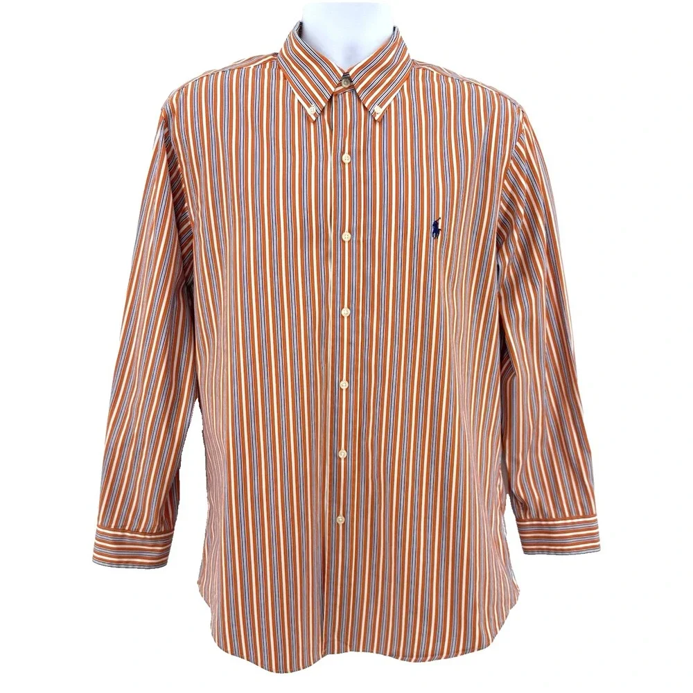 Ralph Lauren Shirt Men's L Custom Fit Long Sleeve Orange Blue Stripe Hong‎ Kong